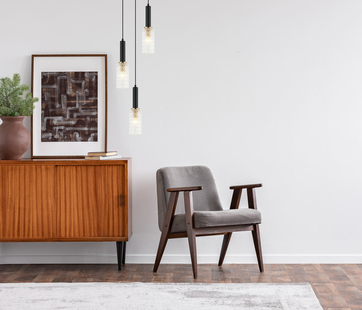 Vintage living room interior with retro furniture and poster on the cabinet, real photo with copy space on the white wall PND 43363 320BK BR aranz