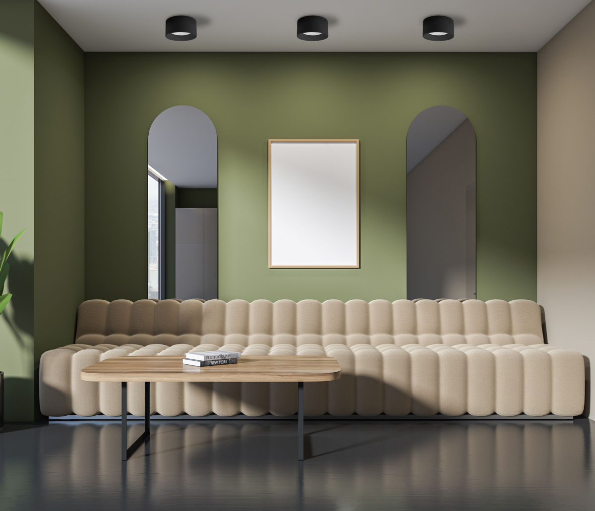 Dark waiting room interior with sofa in office hall, mockup frame WG 608C BJ WW MULTI aranz