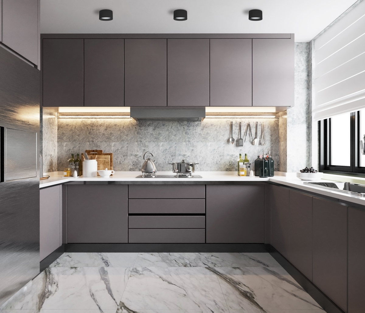 Modern kitchen interior at home with kitchenware.3D illustration WG 604A BJ WW MULTI aranz