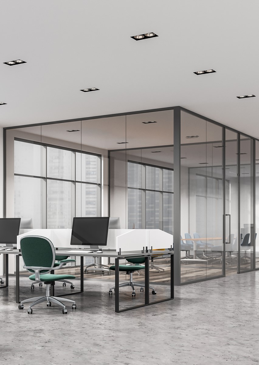 Open space office with green chairs, meeting room aranzacja 651600232