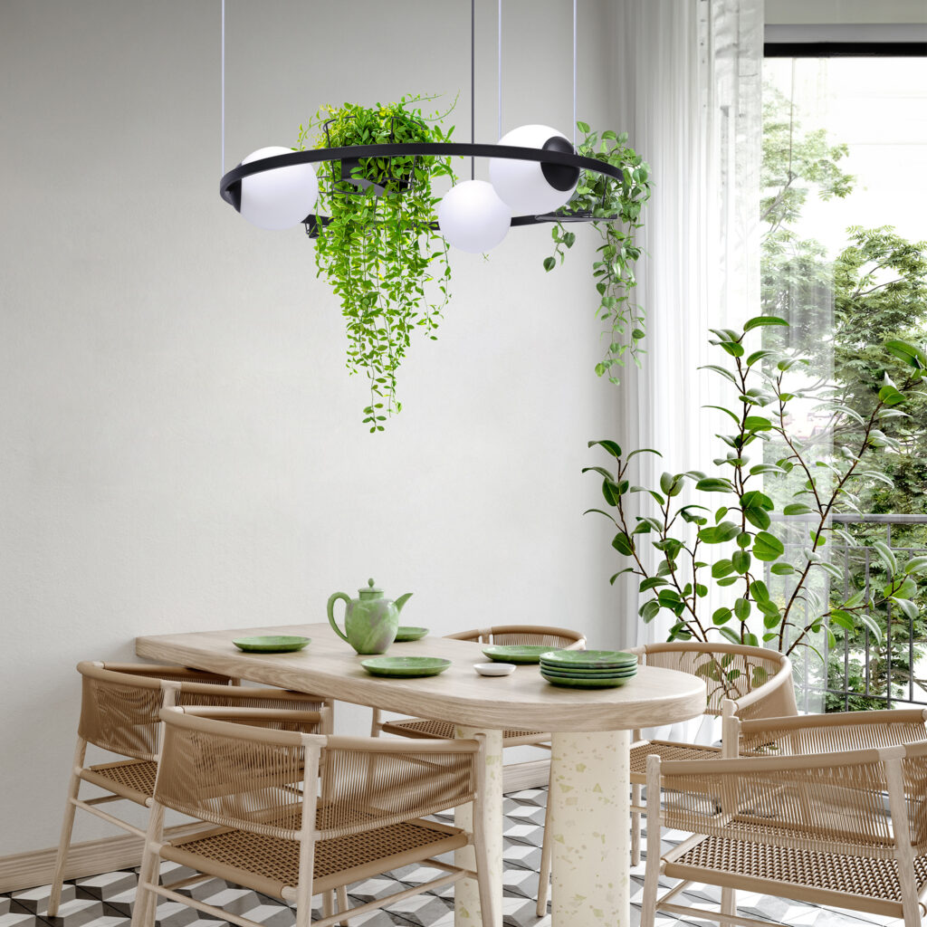 Plant okrągła lampa nad stół w małej kuchni lub w salonie z koszykami na rośliny