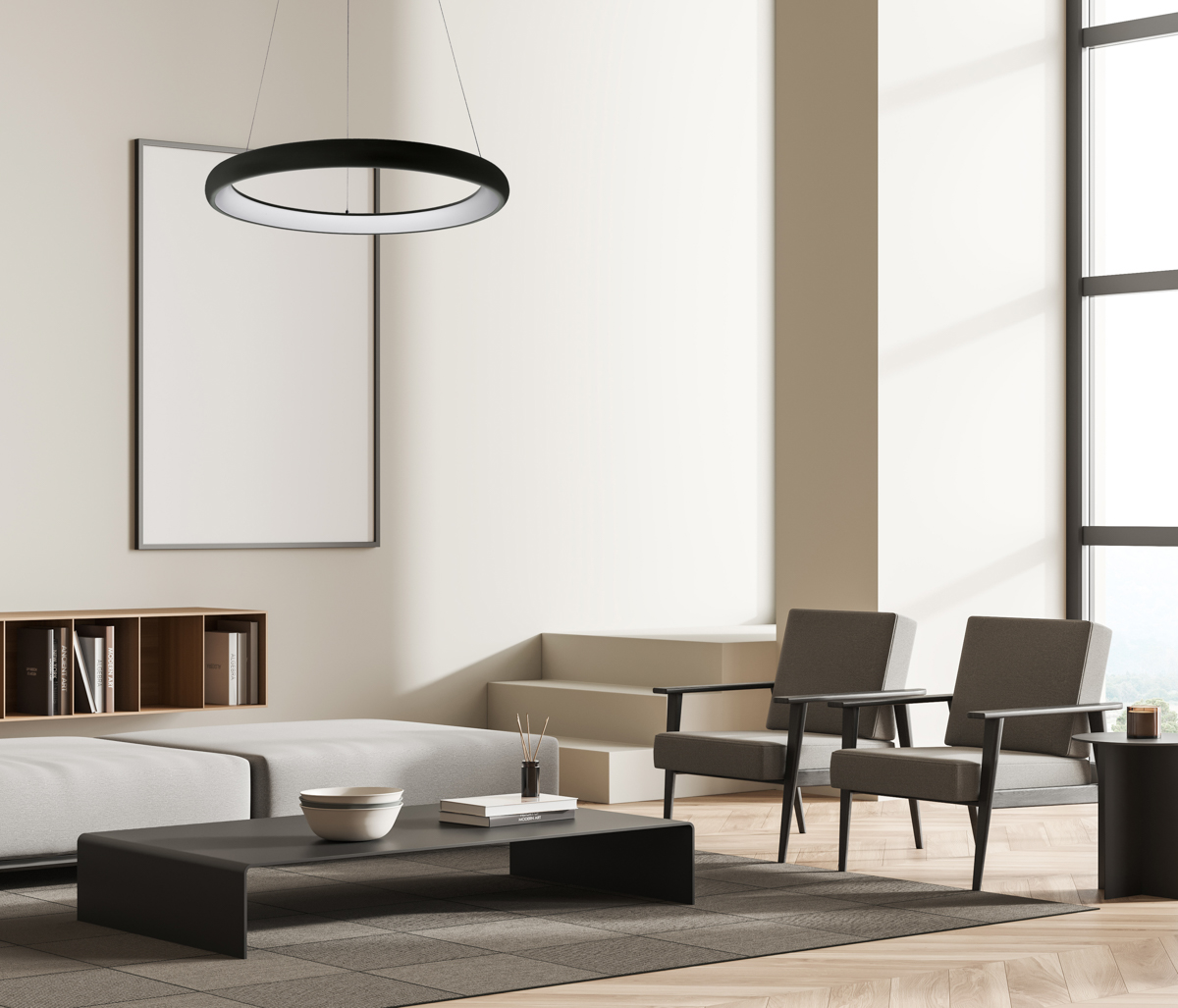 Corner view on bright living room interior with empty poster 5280 840RP BK 3 aranz