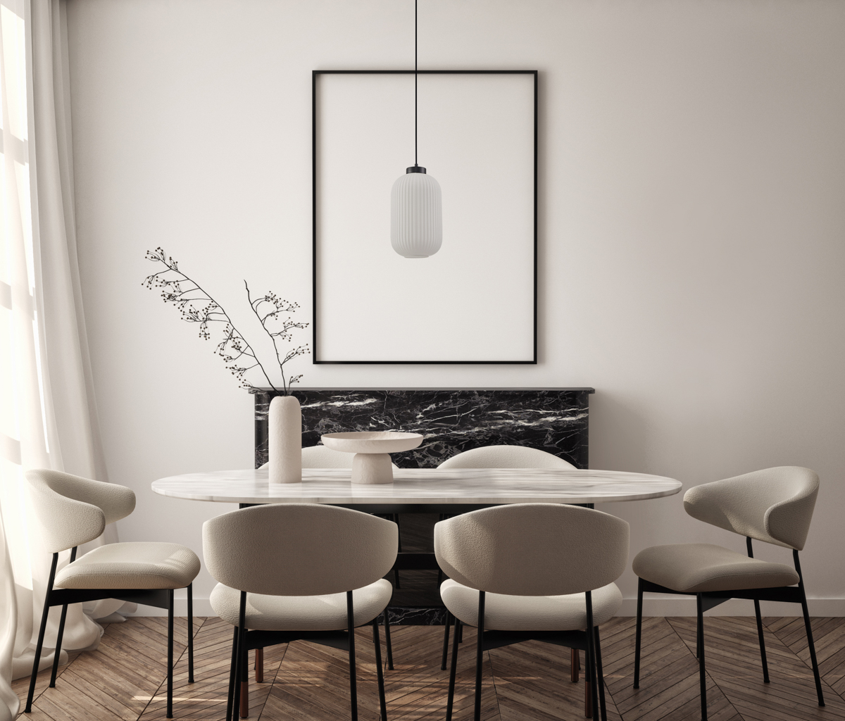 Mockup poster frame on the wall of living room. Luxurious apartment background with contemporary design. Modern interior design. 3D render, 3D illustration PND 52636 1 BK aranz