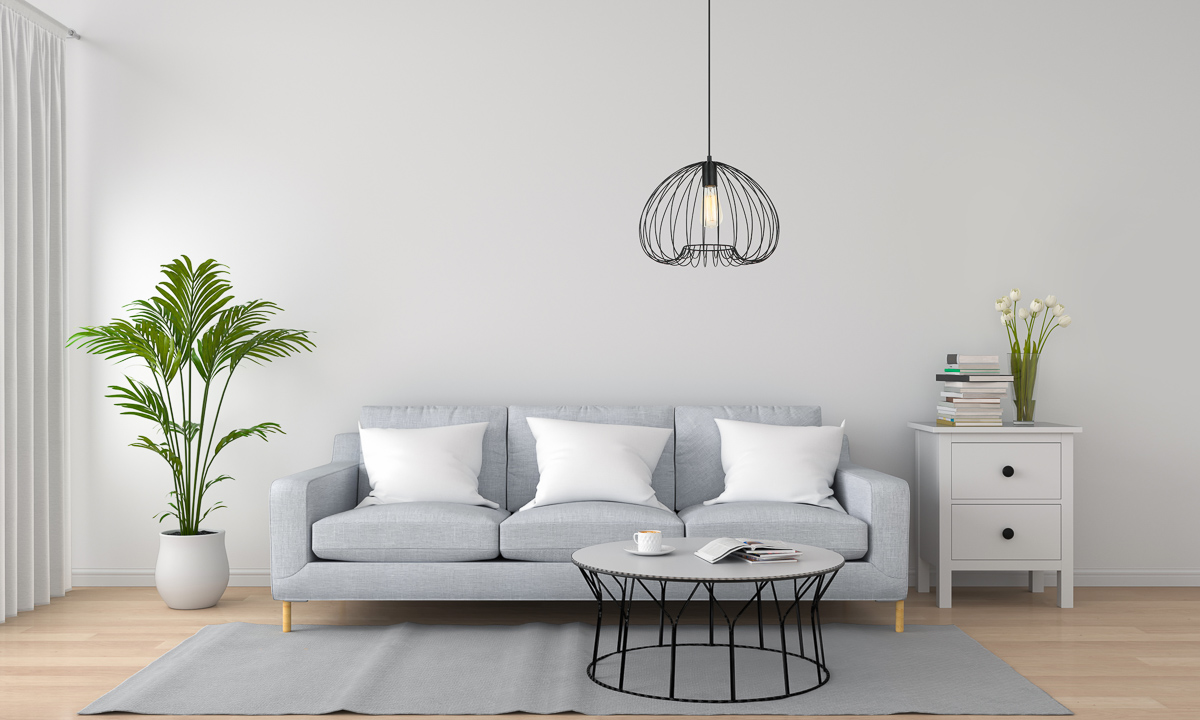 grey sofa and lamp in white living room, 3D rendering MDM 4583 1 BK aranz