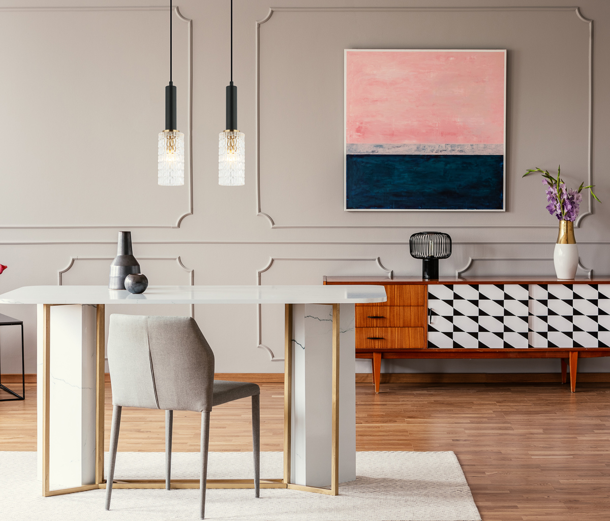 Real photo of a dining room interior with a table, pink painting and vintage cabinet PND 43309 1 BK BR aranz