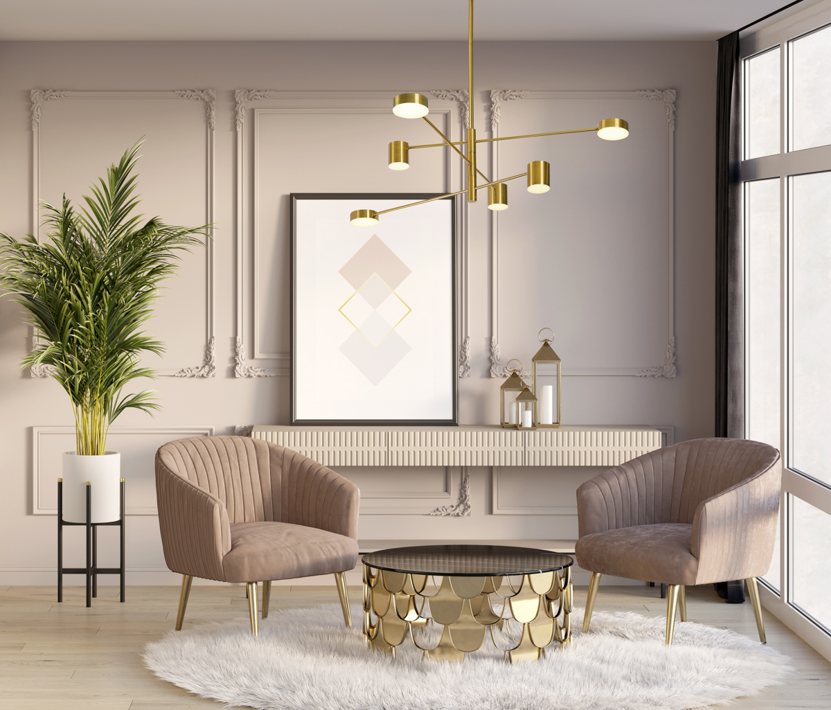 Exquisite living room with a vertical poster on a console next to a classic muted pink wall, armchairs near a coffee table, a curtain next to a large window, a palm tree next to a doorway. PND 16374 6 COP GD 3K aranz