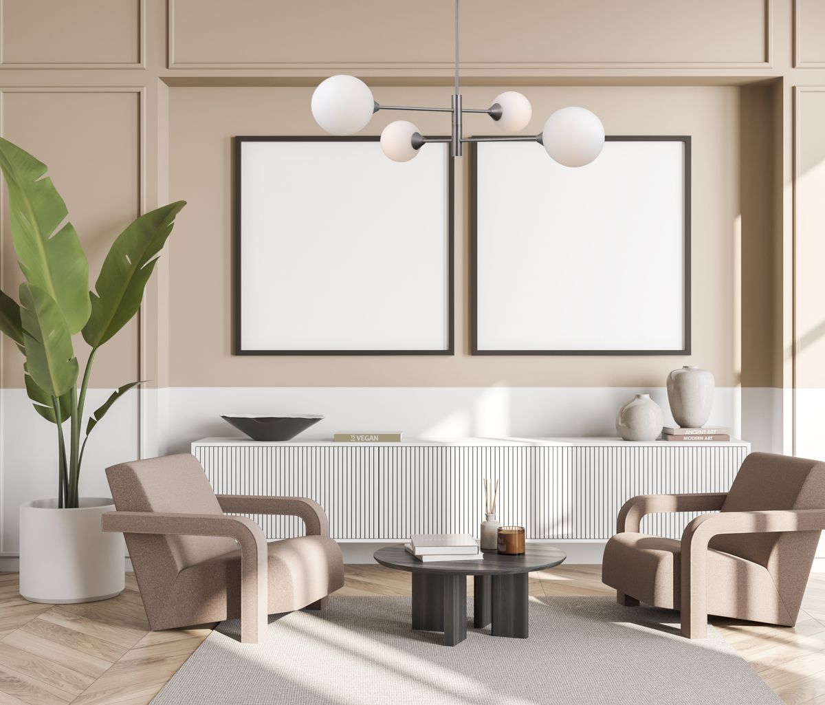 Two empty square canvases in beige and white room with seating area PND 55342 4 SN aranz