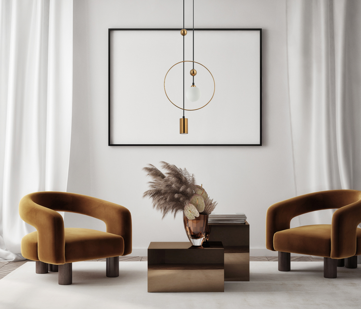 Mockup poster frame on the wall of living room. Luxurious apartment background with contemporary design. Modern interior design. 3D render, 3D illustration. PND 428892 BRO aranz