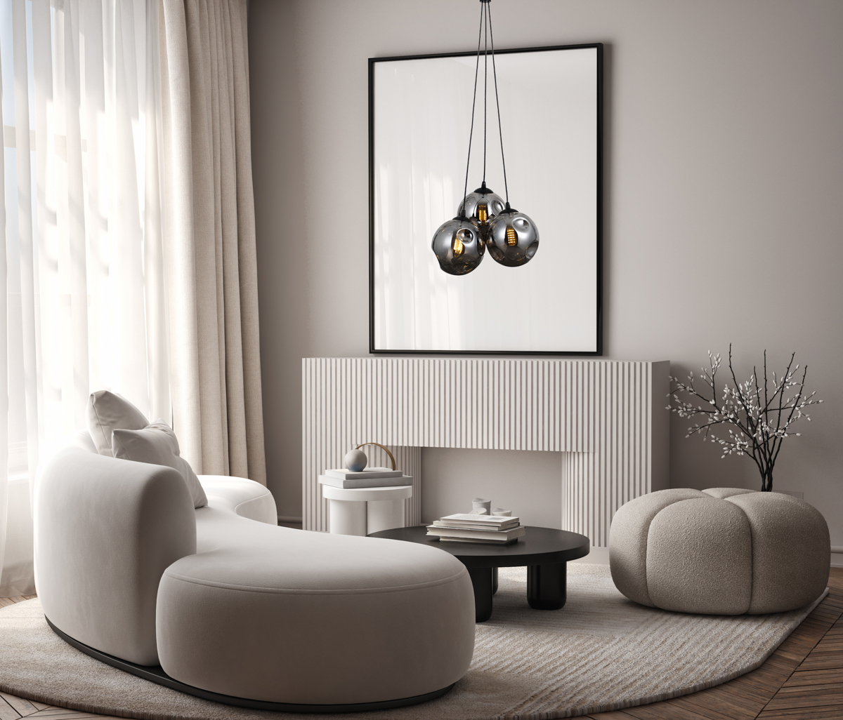 Mockup poster frame on the wall of living room. Luxurious apartment background with contemporary design. Modern interior design. 3D render, 3D illustration. PND 54456 3A HB SMG aranz