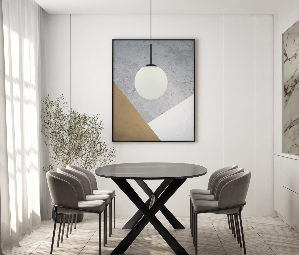 Mockup poster frame on the wall of living room with kitchen and dining room. Luxurious apartment background with contemporary design. Modern interior design. 3D render, 3D illustration. PND 5578 1M BK aranz