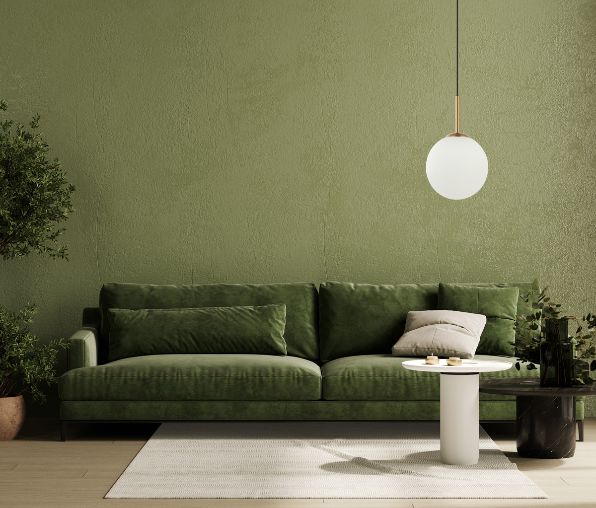 Home interior mock-up with green sofa, table, plant and decor in living room, 3d rendering PND 5578 1M BRO aranz