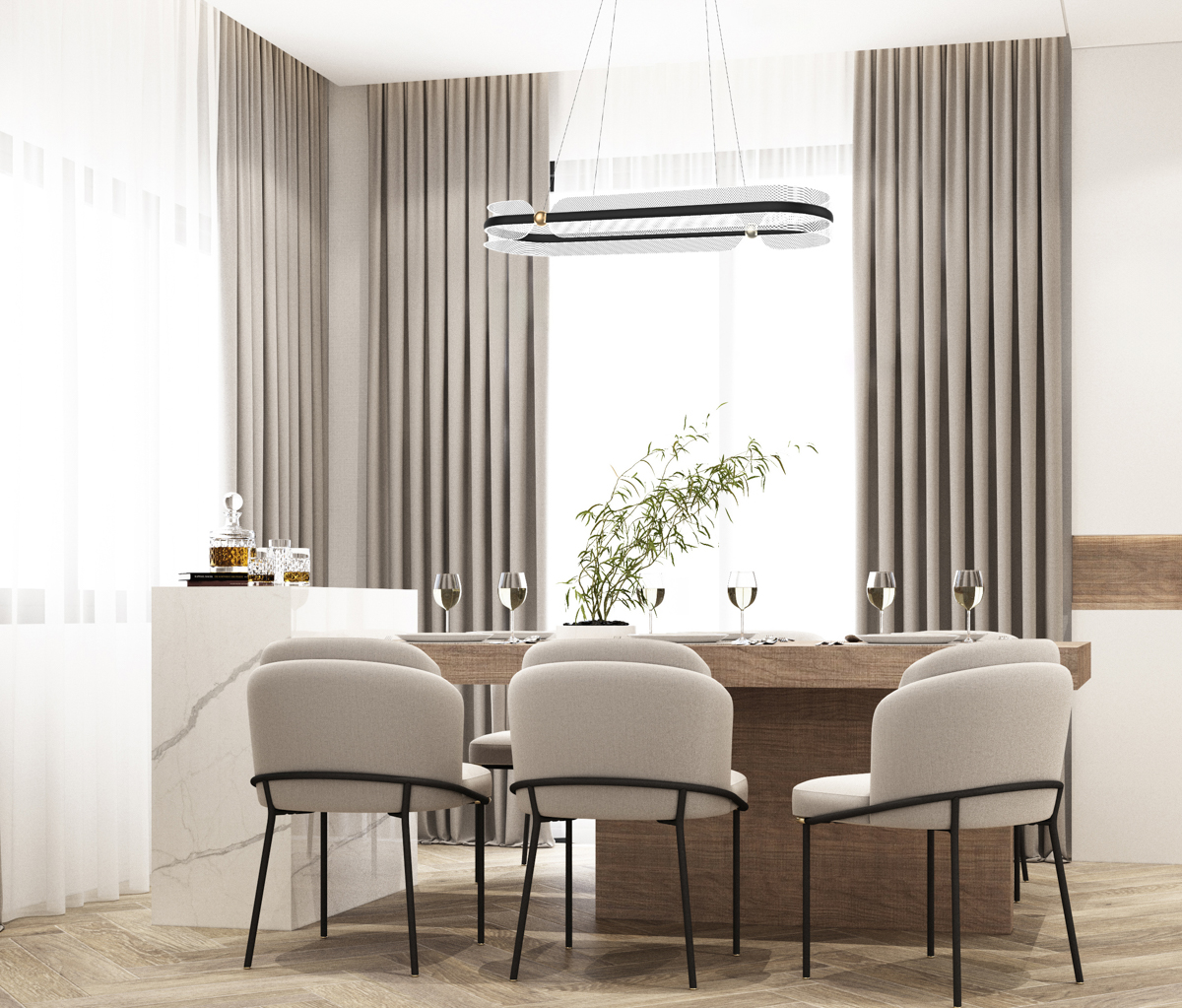 The dining room is decorated in a minimalist style. White wood and marble dining table with a gray cloth dining chair and curtains on the windows and a TV on the wall decorated 3d render PND 63728 56W 3K BK GD aranz