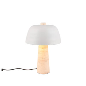 Timba lampa trawertyn z metalowym kloszem przypominającym grzybek i podstawą z trawertynu, która wydobywa naturalne piękno materiału w stylu wabi sabi.
