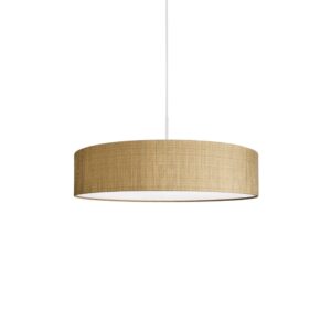 Turda złota lampa z abażurem z tkaniny, która nawiązuje do naturalnego drewna, ociepli wnętrze, tworzy spójną aranżację w stylu skandynawskim i nowoczesnym, doskonała jako lampa wisząca nad stołem w otwartych przestrzeniach, w salonie oraz w sypialni