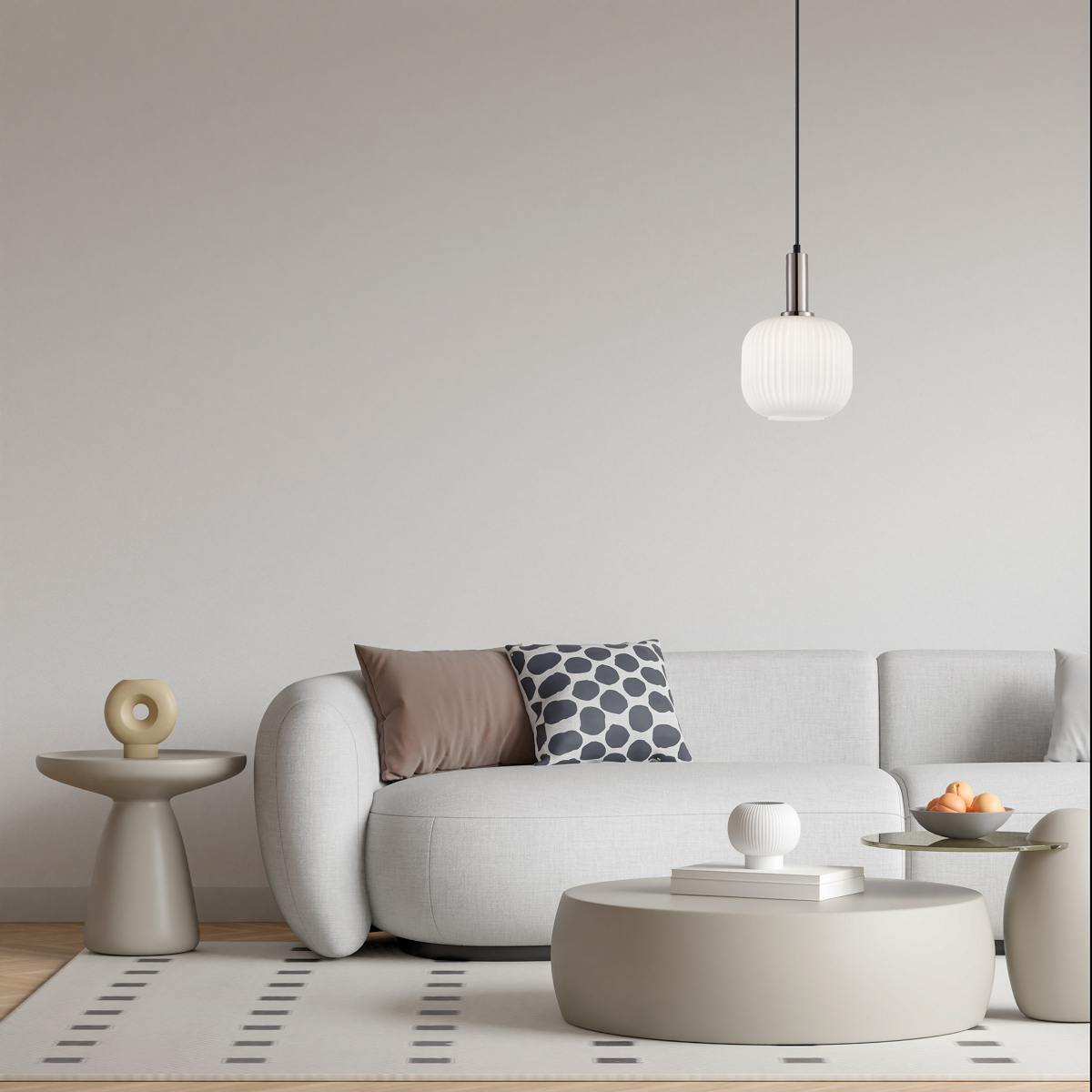 Wabi-Sabi Interior Living Room Wallpaper Mockup penzi 1 ryflowana lampa srebrna wizka lamperiaconcept